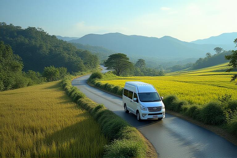 Hyundai Starex van sa isang kalsada sa probinsya