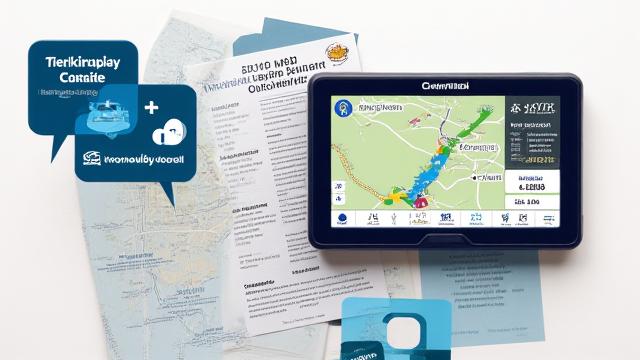 GPS device, insurance documents, at speech bubbles na nagpapahiwatig ng multilingual support
