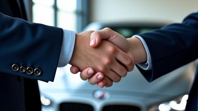 Business handshake sa harap ng isang modernong sasakyan, simbolo ng long-term lease agreement