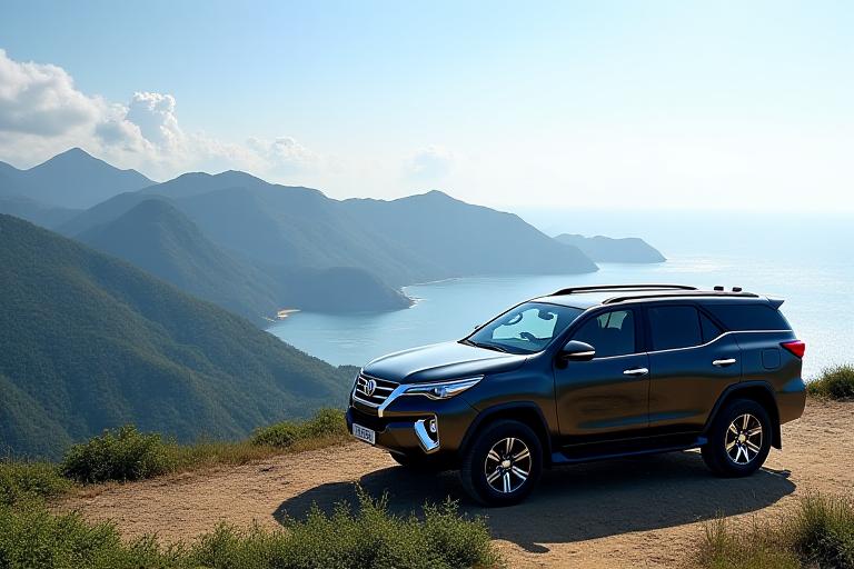 Toyota Fortuner SUV na may background ng bundok
