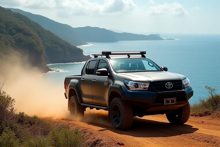 Toyota Hilux pickup truck na dumadaan sa maalikabok na daan